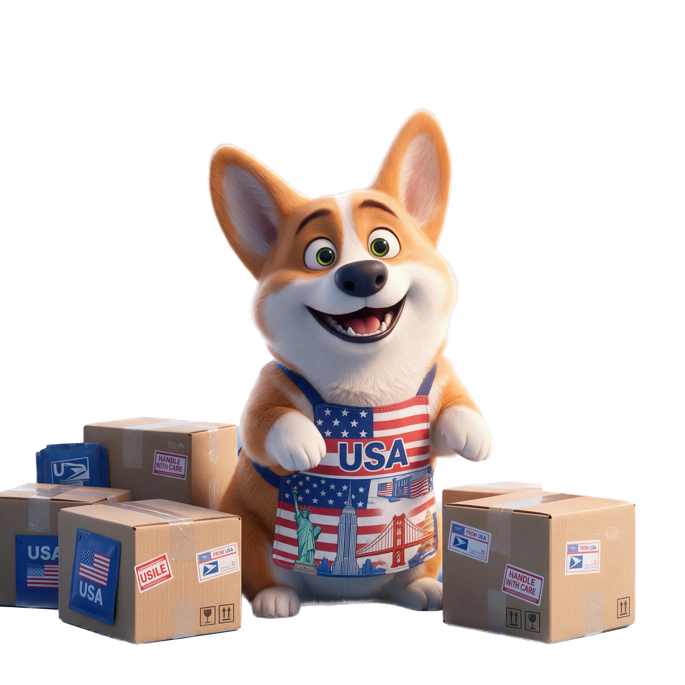 A corgi with packages from the USA